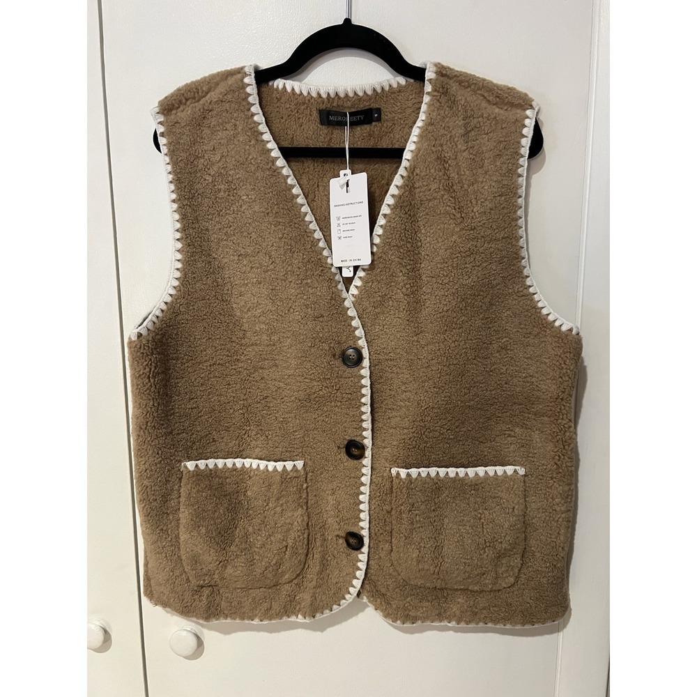 NWT Merokeety Sherpa Fleece Women's Vest Small Tan Button Up Cozy Layering